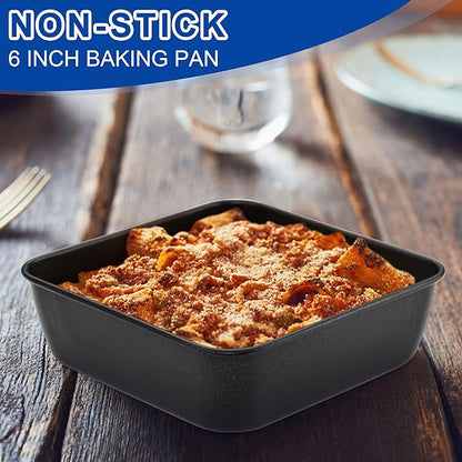 E-far 6 Inch Square Cake Pan, Nonstick Small Baking Pan with Stainless Steel Core for Brownies Lasagna Cakes, Non-toxic & Easy Clean, 2 Inch Deep (Black)