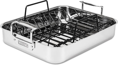 Viking 3-Ply Stainless Steel Roasting Pan with Non Stick Rack, 16 x 13 Inch Kitchen Cookware, Great for Turkey, Dishwasher and Oven Safe, Induction Ready, Silver