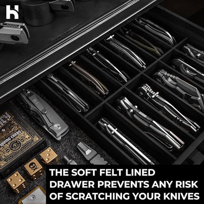 Premium Pocket Knife Display Case for 30 Knives - Large Wooden Knife Organizer, Storage & Holder with Unique Pillars, Hinged Cover, Drawer - Knife Collection Box - Handcrafted for Men