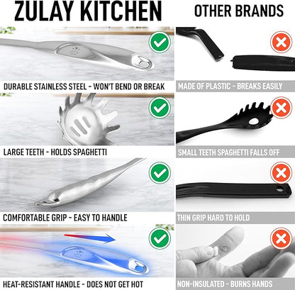 Zulay Kitchen Stainless Steel Spaghetti Server - 12” Pasta Fork with Teeth & Draining Holes - Rust-Resistant Pasta Spoon for Noodles & Pasta - Dishwasher Safe Utensil for Everyday Use