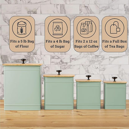 Kitchen Canisters for Countertop Set of 4 with Customizable Chalkboard Labels & Marker Pen - Big Iron Kitchen Canisters with Airtight Lids - Sage Green Canister Set - Flour and Sugar Containers