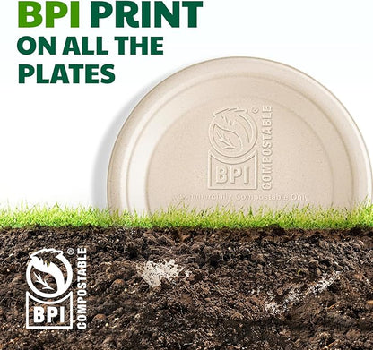 125 Count Compostable Paper Plates, 7 Inch, Heavy Duty Disposable Plates by Biodegradable Bagasse, Dessert Plates Bulk for Party | Microwave-Safe | Soak-Resistant, Cut Resistant