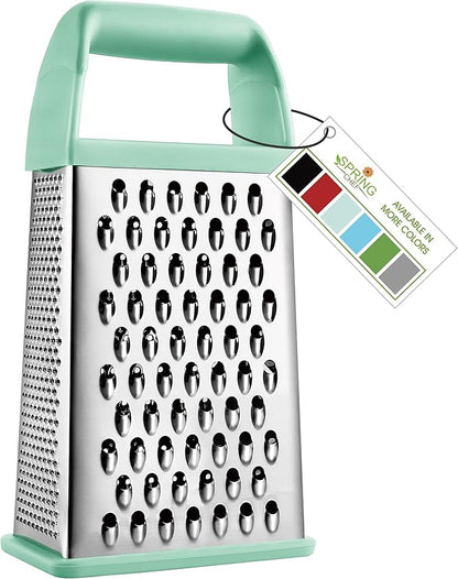 Spring Chef Professional 10" Stainless Steel Parmesan Cheese Grater with Handle, 4 Sided Handheld Box Grater, Kitchen Potato Shredder for Hash Browns, Hard Cheese, Ginger, Vegetables, Carrot - Mint