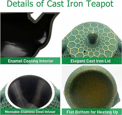 YJX Cast Iron Teapot and Tea Cups Set, 33.8oz Hexagon Pattern Tea Set with Cups and Cup Mats, Enameled Tea Kettle for Stovetop, Durable Tea Pot Set with Stainless Steel Infuser for Loose Leaf