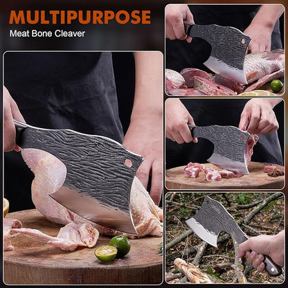 Heavy-Duty Bone Chopper Knife Hand Forged Meat Cutting with Cover Meat Bone Cleaver Knife High Carbon meat knife for Kitchen Outdoor Camping BBQ men gifts