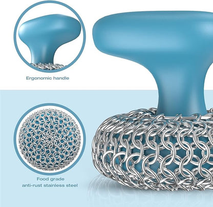 Cast Iron Scrubber | Dish Scrub Brush | 316 Cast Iron Cleaner Chainmail Scrubber for Pan Skillet Cleaner - Blue