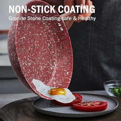 KOCH SYSTEME CS 12" Red Granite Non-Stick Frying Pan with Lid, Classic Pans with Non-toxic Nonstick Coating, Aluminum Skillet with Heat-resistant Bakelite Handle, Induction Compatible Frying Pan