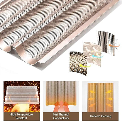 Hesanzol Baguette Pans for Baking 15" x 11", Carbon Steel 3 Loaf Nonstick Baguette Baking Tray for French & Italian Perforated French Bread Pan (2pack - Gold)