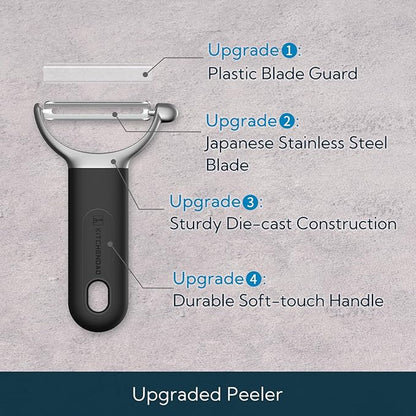KITCHENDAO Swivel Vegetable Potato Peeler for Kitchen, Japanese Stainless Steel Sharp Blade, Heavy Duty Die-cast Construction Y Peeler, Built-in Eye Remover, Soft-touch Handle, Dishwasher Safe, Black