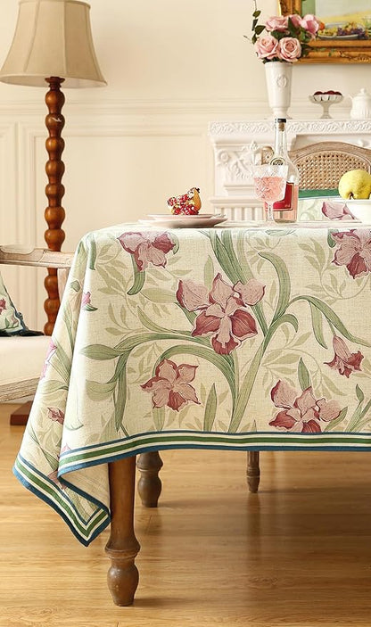 patdrea Designer Linen Green Rectangle Tablecloth,Framhouse Violets Pattern Floral Extra Long Tablecloths,Table Cover Decor for Kitchen Dining Christmas,Thanksgiving,Tea Party,63"x110"-Tara a