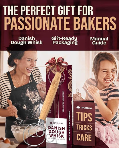 Superbaking Danish Dough Whisk - 12" Bread Whisk for Dough Mixing - Single Eye Design Sourdough Whisk - Sourdough Bread Baking Supplies - Bread Making Tools and Accessories - Ergonomic Wooden Handle