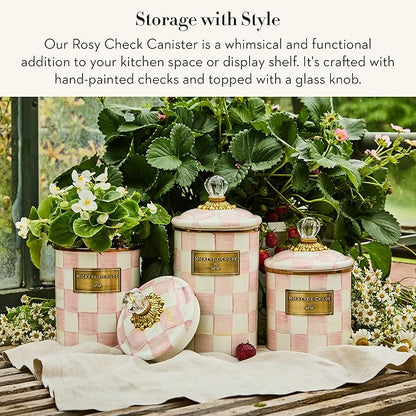 MACKENZIE-CHILDS Small Enamel Canister, Kitchen Storage Container for Flour and Sugar, 38 Ounces, Pink-and-White Rosy Check