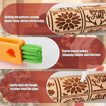 17" Premium Wooden Rolling Pins for Baking with XMAS Embossed Designs | 3mm Deep Springerle Cookie Molds | Christmas Rolling Pin & Baking Gifts for Women | Includes 3-in-1 Cleaning Brush
