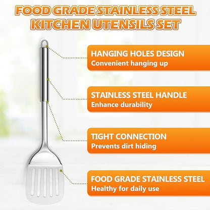 E-far Stainless Steel Cooking Utensils, 4-Piece Heat Resistant Kitchen Utensils Set, Non-toxic Metal Kitchen Tools Spatulas Set Including Soup Ladle, Slotted/Solid Turner, Skimmer, Dishwasher Safe