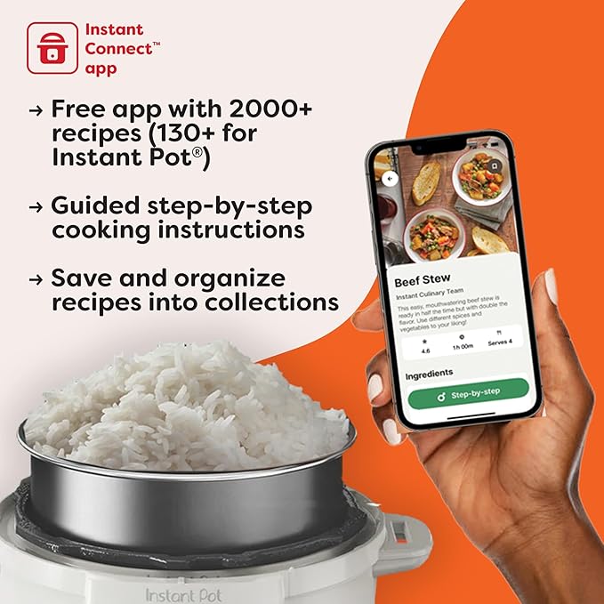 Instant Pot, 6-Quart Whisper Quiet 9-in-1 Electric Pressure Cooker, Slow Rice Steamer, Sauté, Yogurt Maker, Warmer & Sterilizer, Free App with 800+ Recipes, Stainless Steel
