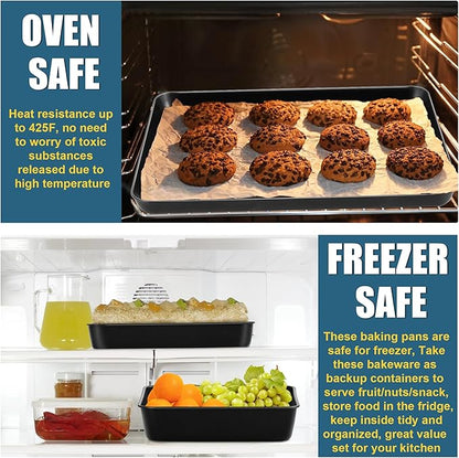 E-far 6-Piece Bakeware Sets, Nonstick Stainless Steel Baking Pans Set - 8x8 Square/Round Cake Pan/Muffin/Loaf Pan/Roasting Tray/Cookie Sheet - for Kitchen Oven Cooking Lasagna Brownie Casserole, Black