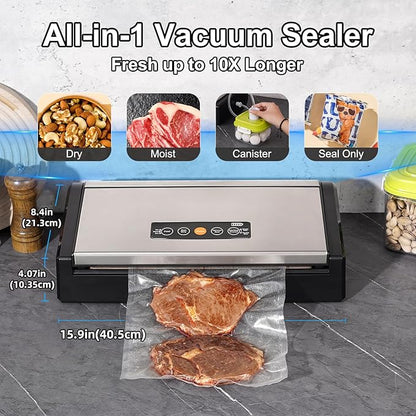 Vacuum Sealer Machine, 75kpa Rechargeable Full Automatic Food Sealer for Freshness Storage, Stainless Steel Portable Food Vacuum Sealers Machine with Pre-cut Bags, Air Hose for Outdoor Indoor
