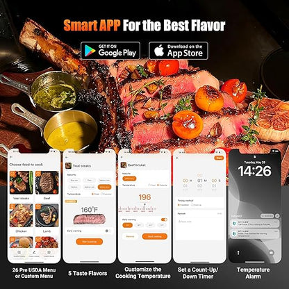 4-Probe WiFi Wireless Meat Thermometer with 360°Readable LCD Standalone Base, WiFi and Bluetooth 5.3 Unlimited Range, IPX8 Waterproof Food Kitchen Thermoemter for BBQ, Grill, Smoker, Oven, Rotisserie