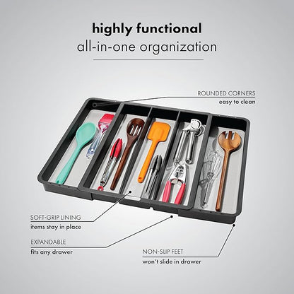 madesmart Expandable Utensil Tray - Granite| CLASSIC COLLECTION| 5-Compartments | Kitchen Organizer | Soft-Grip Lining | Easy to Clean | BPA-Free