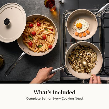 Redchef Ceramic Frying Pans, 4-Piece Non Stick Frying Pans, Non Toxic Skillet with Lid, Ceramic Cookware Set, 8" 9.5" 11" Egg Saute Pan, PFAS & PTFE & PFOA Free, Dishwasher & Oven Safe, Beige White