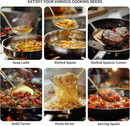 304 Stainless Steel Cooking Utensil,Kitchen Utensil with Spatula, Solid Spoon, Ladle, Skimmer, Spaghetti Spoon, 6 Piece Set, Dishwasher Safe(Gold)