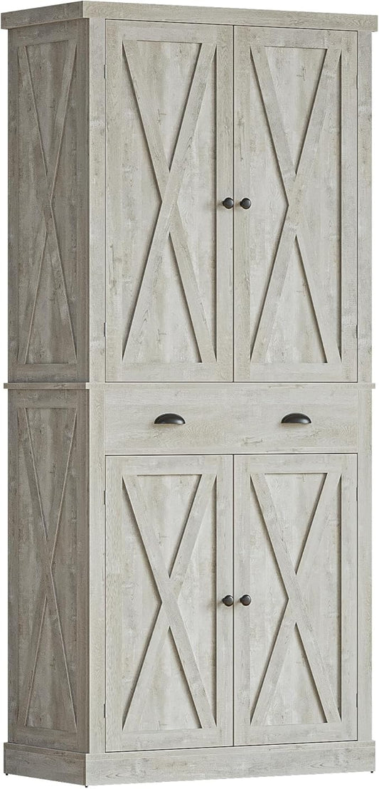 IRONCK Kitchen Pantry Storage Cabinet 72.6" H, with Barn Doors, Drawer, 4 Adjustable Shelves, Freestanding Cupboard for Dining Room Living Room, Laundry, Rustic Maple