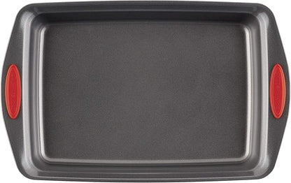 Rachael Ray Yum-o! Nonstick Baking Pan With Grips/ Nonstick Cake Pan with Grips, Rectangle - 9 Inch x 13 Inch, Gray with Red Grips