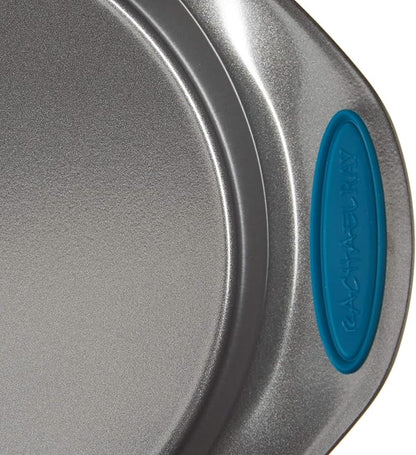 Rachael Ray Nonstick Bakeware Set with Grips includes Nonstick Baking Pans, Baking Sheet and Nonstick Bread Pan - 5 Piece, Gray with Marine Blue Handles