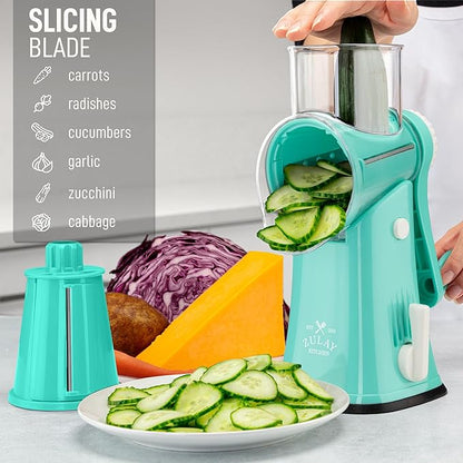 Zulay Kitchen Rotary Cheese Grater 5 Blade Cheese Shredder - Manual Hand Crank Cheese Grater With Reinforced Suction & 5 Interchangeable Drums - Easy to Use, Vegetable Chopper Round Mandoline Slicer