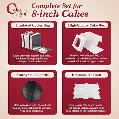 Cakebon Cake Box and Boards, 8-Inch Round Black Wrapped Edges 1/2- Inch Thick Drums with Insulated Bag and Ice Pack – Cake Transport Set, Cooler for Cake Delivery and Transport (1pc Each, 4pcs Total)