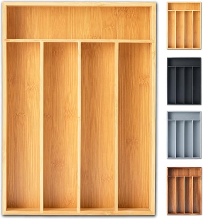 Silverware Organizer, 10 Inch Utensil Organizer Kitchen Drawer Organizer Bamboo Silverware Holder Cutlery Tray Organizer in Drawer Flatware Organizer Tray(5 slots, Natural）