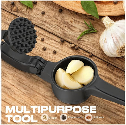Kitchen Garlic Press, Rust Proof & Dishwasher Safe Garlic Mincer, Durable Garlic Crusher Set with Peeler＆Brush, Easy to Clean and Squeeze, Black