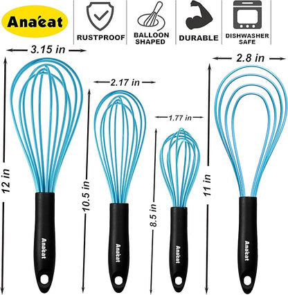 Anaeat Silicone Kitchen Whisk Set of 4, Perfect for Non-Stick Cookware, Milk and Egg Beater Blender for Whisking, Cooking, Baking, Beating - 11'' Flat Whisk and 8.5''+10.5''+12'' Balloon Whisks (Blue)