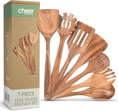 Cheer Collection Wooden Utensil Set - 7 Piece Cooking Utensils, Teak Wooden Spoons & Spatulas for Cooking, Heat Resistant, Non-Stick, and Safe Wooden Cooking Utensils