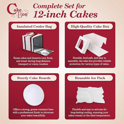 Cakebon Cake Box and Boards, 12-Inch Round White Wrapped Edges 1/2- Inch Thick Drums with Insulated Bag and Ice Pack – Cake Transport Set, Cooler for Cake Delivery and Transport (1pc Each, 4pcs Total)