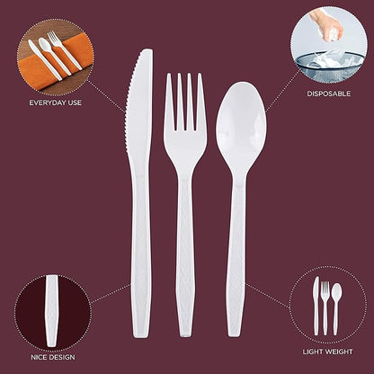 Party Bargains White Plastic Cutlery 720 pcs: 360 Forks, 240 Spoons, 120 Knives. Argyle Design, Heavy Duty & Solid Disposable Silverware Utensils Combo Pack Set for Weddings, Buffets, Luncheons