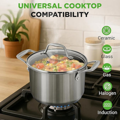 NutriChef 3-Quart Stainless Steel Pot with Glass Lid - 18/8 Food Grade Heavy Duty Cookware Stockpot for Stews, Simmering & Soups, Dishwasher Safe, For Induction, Gas & Ceramic Cooktops - NCSP3