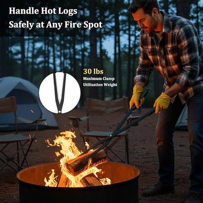 Heavy Duty Fire Tongs Firewood Grabber Tool with Scissor Shape Serrated, Bonfire, Campfire Fire Pit Log Claw Tongs (Black)