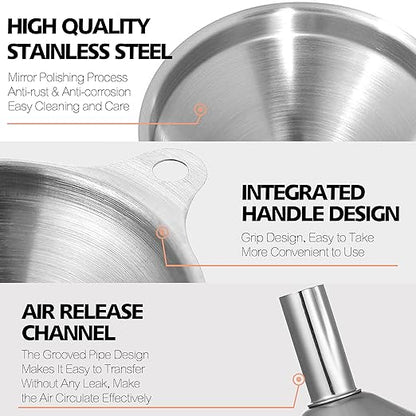 Anaeat Stainless Steel Mini Kitchen Funnel Set, 3 Pack Durable Metal Filling Funnels for Transferring Liquid, Dry ingredients, Cosmetic Lotion, Fluid, Spices, Powder - Food-Grade & High Heat Resistant
