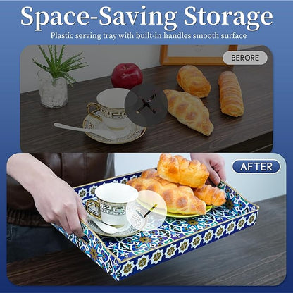 Gifturbo Serving Tray with Two Handles,Decorative Tray for Coffee Table, Plastic Rectangular Durable Serving Trays for Living Room, Bathroom, Outdoors, Blue