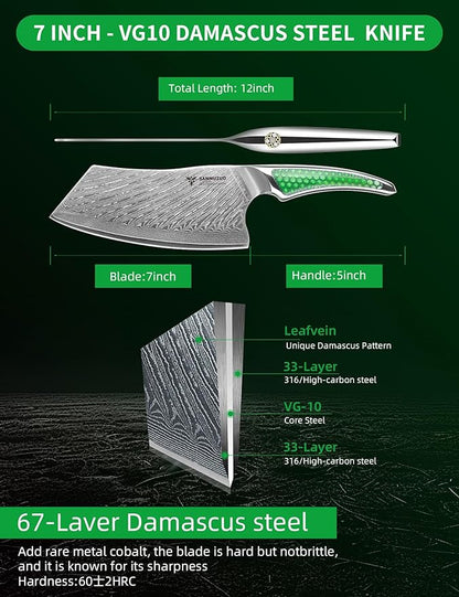 7 inch Nakiri Knife, Japanese VG-10 Damascus Steel Meat Cleaver, Ultra Sharp Vegetable Knife with Full-tang Handle in Green Resin, LA-S9 Series