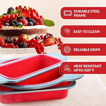 Boxiki Kitchen Silicone Baking Pans Set. 3 PCS Professional Non-Stick Baking Cake Pans Set includes Silicone Round Cake Pan, Square Cake Pan and Bread Loaf Pan.
