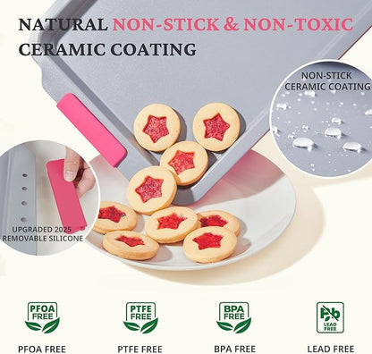 BRONYPRO Non Stick Ceramic Baking Sheet Pan Set of 3, Natural Non Toxic Cookie Sheets for Baking - PFOA, PTFE Free, Aluminized Steel Oven Trays for Cooking with Silicone Handles, Rose Red