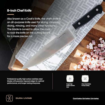 DURA LIVING 3-Piece Kitchen Knife Set – Ultra-Sharp Forged High Carbon Stainless Steel, Includes 8" Chef, 5" Utility, 3.5" Paring Knives, Ergonomic Handles, Professional Starter Set, Black