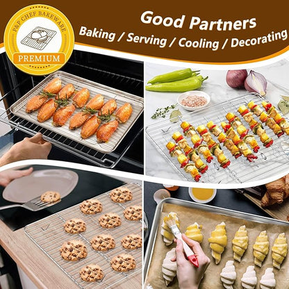 P&P CHEF 16 + 12.5 Inch Stainless Steel Baking Sheet with Rack Set (2 Pans+ 2 Racks), Cookie Sheets Baking Trays and Cooling Wire Racks, Oven & Dishwasher Safe, Pans with Flat Racks