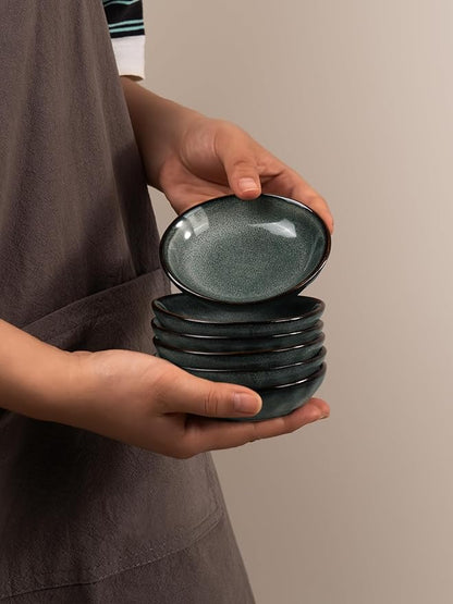 famiware Ocean Soy Sauce Dishes of 6, Oval Dipping Sauce Cups/Bowls/Dishes for Kitchen, 2.1oz Ceramic Small Bowls for Side Dish, Appetizers, Snacks, and Sushi, Reactive Glaze, Deep Forest