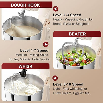 Stand Mixer, 10-Speed Kitchen Electric Mixer, 6QT Food Mixer with 8-in-1 Splash Guard, Dishwasher-Safe Dough Hook/Whisk/Beater/Spatula, Dough Mixers for Baking, Beige