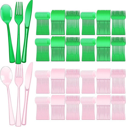 Minatee 150 Pieces Disposable Cutlery Set Plastic Silverware Heavy Duty Utensil Sets 50 Forks 50 Knives 50 Spoons for Home Office School Party Picnics Restaurant Outdoor Events (Pink,Green)
