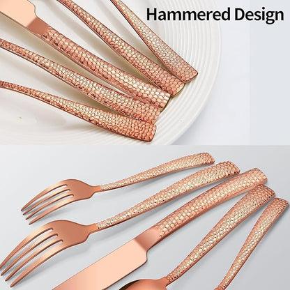 40-Piece Silverware Set, Rose Gold Hammered Stainless Steel Flatware Sets for 8, Food-Grade Tableware Set, Including Fork Knife Spoon Set, Home Kitchen Cutlery Sets, Dishwasher Safe