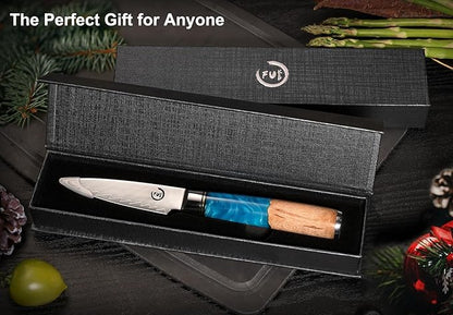 Paring Knife 3.5 Inch Damascus Paring Knife Small Fruit Knife Ultra Sharp Damascus VG10 Core Steel with 66 Layers High Carbon Steel Classical Pattern Blue Handle Unique Gifts with Gift Box